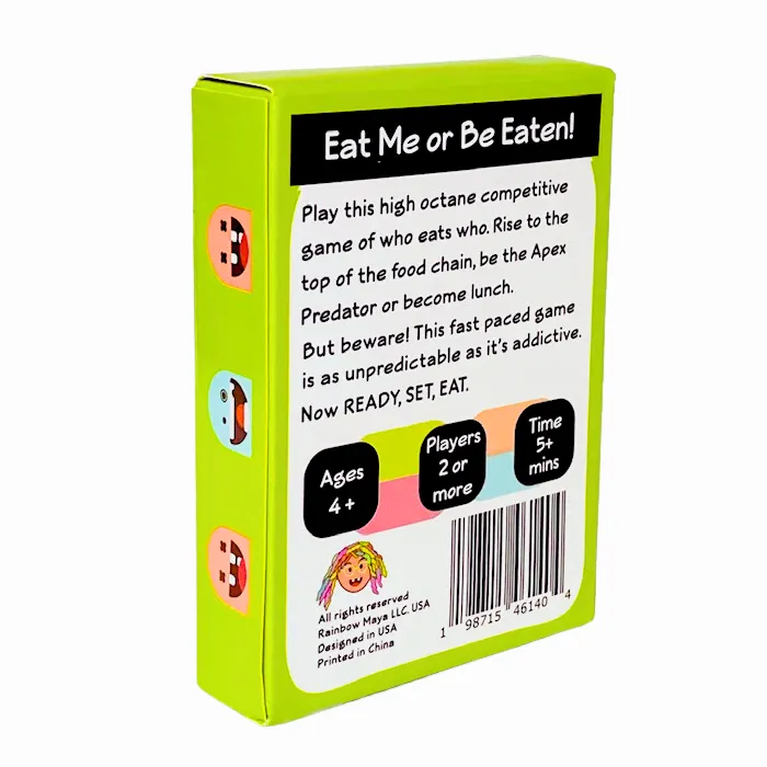 Back of the EAT ME box: Eat Me or Be Eaten — rise to the top of the food chain or become lunch.