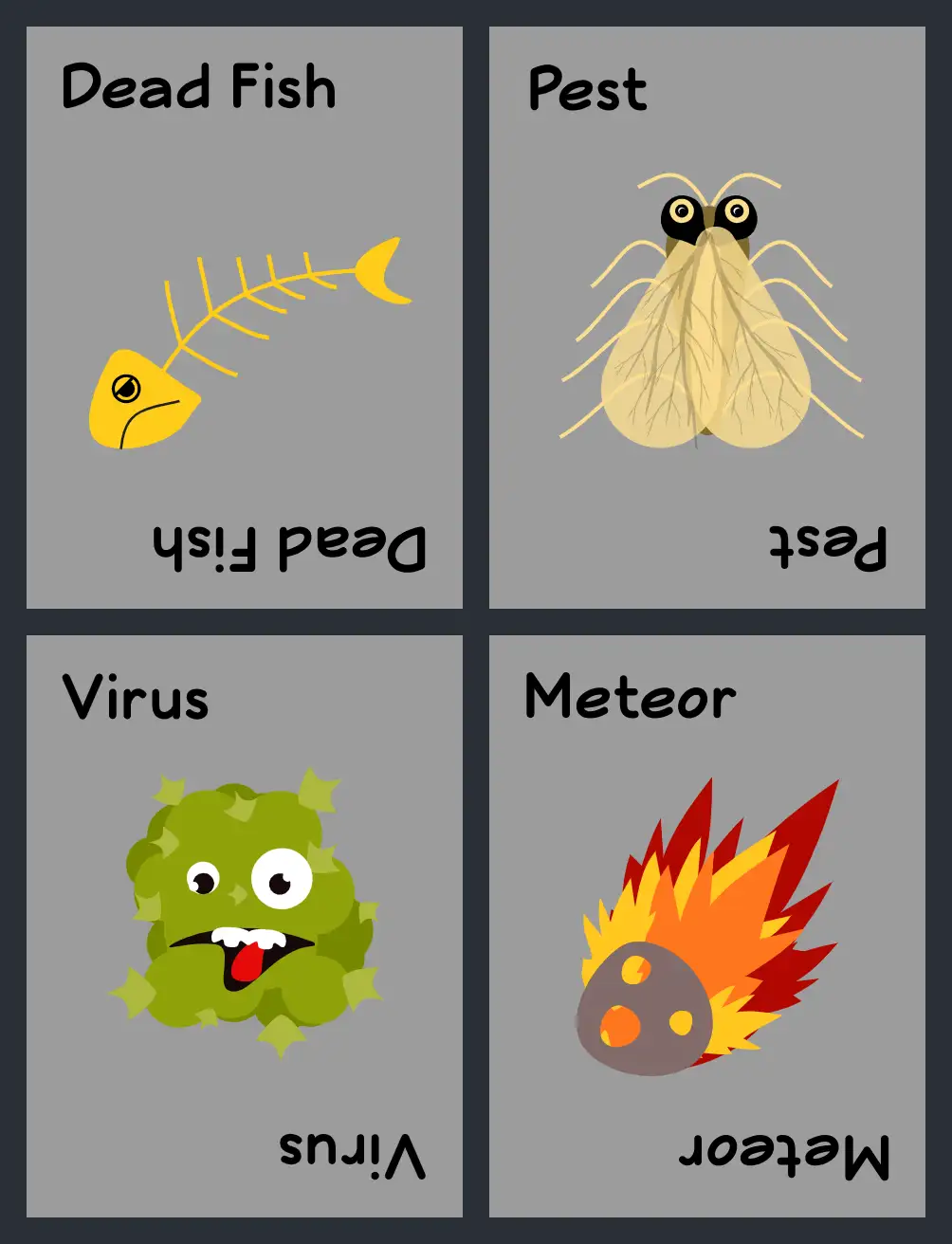 The special cards: Dead Fish, Pest, Virus and Meteor